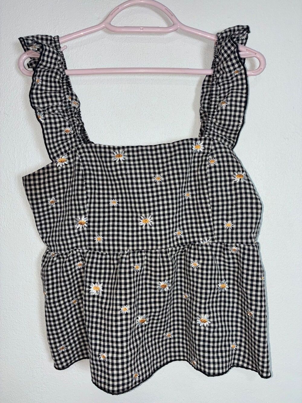 Kirious Los Angeles white daisy embroidered gingham peplum top